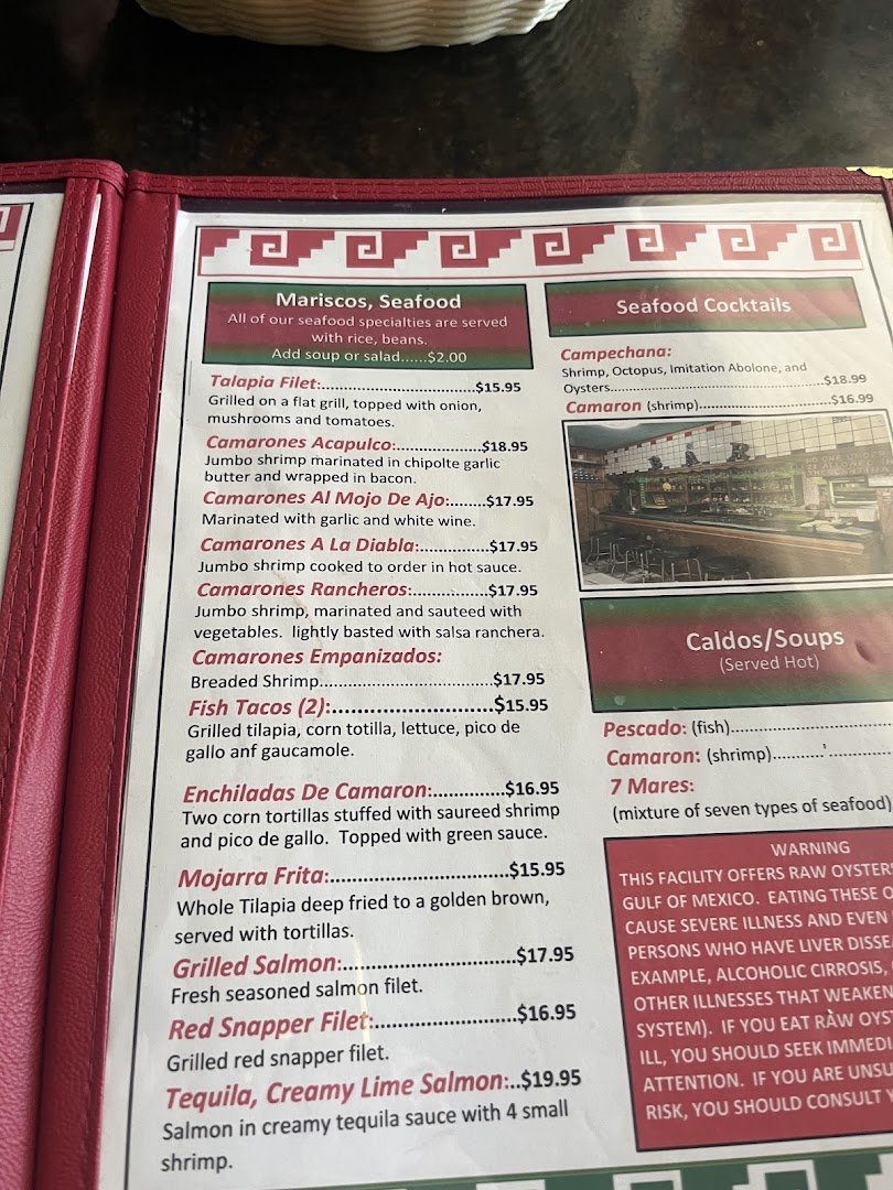 Interior view of Mexican and seafood restaurant.