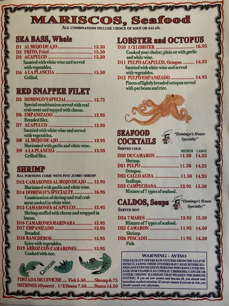 Menu items with Mexican and seafood dishes.