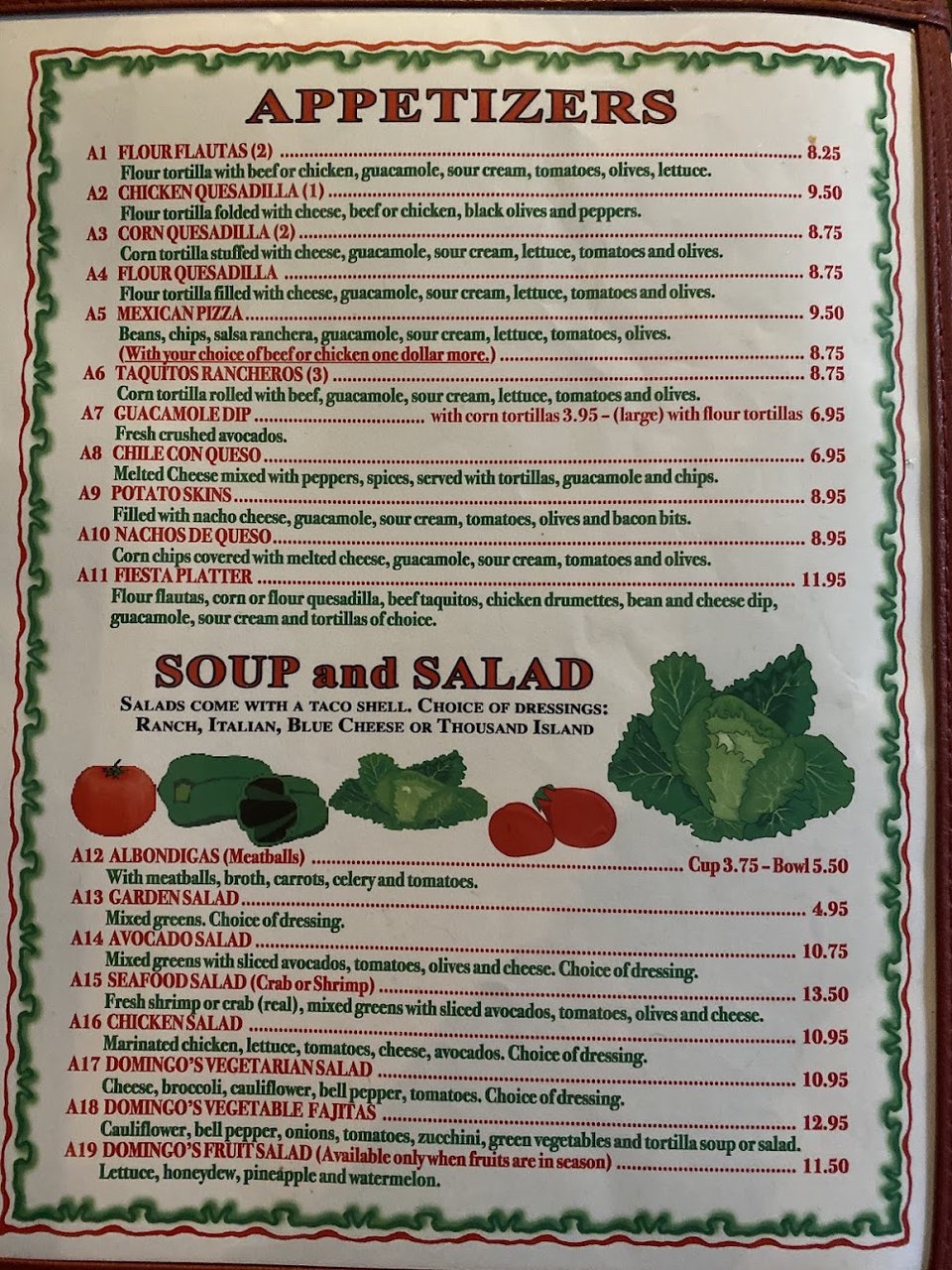 Printed menu showing a wide selection.